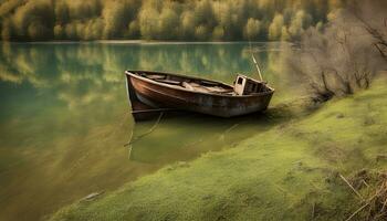 ai gerado uma barco é sentado em a costa do uma lago foto