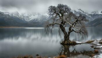 ai gerado uma solitário árvore carrinhos dentro a meio do uma lago foto