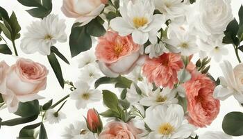 ai gerado uma branco e Rosa floral arranjo em uma branco fundo foto