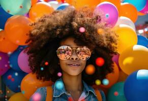 ai gerado afro cabelos jovem menina com óculos e balões foto