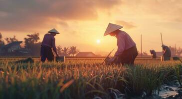 ai gerado esses agricultores trabalhos com seus mãos dentro a campo às pôr do sol foto