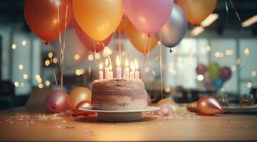 ai gerado aniversário bolo com velas e balões em uma mesa dentro a escritório foto