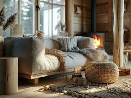 ai gerado caloroso sofá perto uma madeira queimando fogão foto
