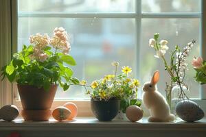 ai gerado em vaso flores, Páscoa ovos, e miniatura Coelho decoração foto