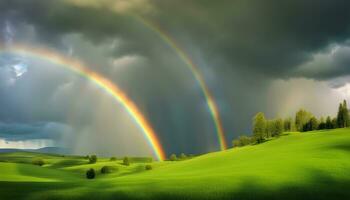 ai gerado arco Iris sobre verde Relva e árvores foto