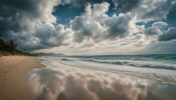 ai gerado uma de praia com nuvens e ondas em isto foto