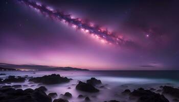 ai gerado a leitoso caminho sobre a oceano às noite foto