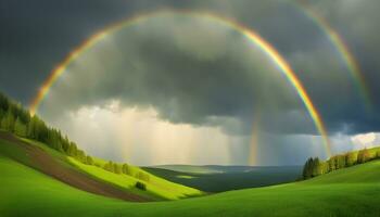 ai gerado arco Iris sobre a verde colinas e árvores foto