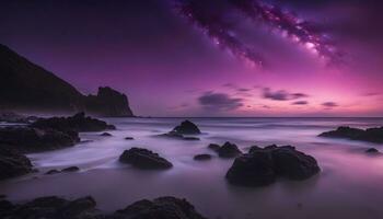 ai gerado uma roxa céu com estrelas sobre a oceano foto