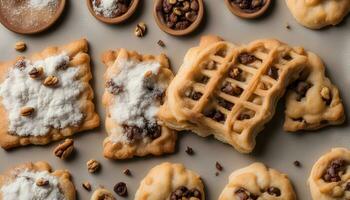 ai gerado chocolate lasca waffles com açúcar e nozes foto