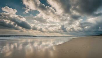 ai gerado uma de praia com nuvens e areia foto