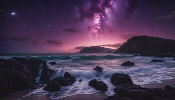 ai gerado uma roxa céu e estrelas sobre a oceano foto