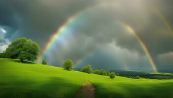 ai gerado arco Iris sobre verde gramíneo Colina com árvores foto