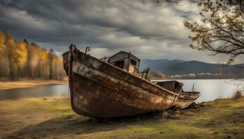 ai gerado uma oxidado barco senta em a costa do uma lago foto