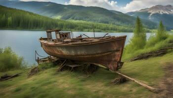 ai gerado uma oxidado barco em a lado do uma Colina foto