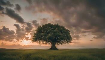 ai gerado uma solitário árvore carrinhos dentro uma campo debaixo uma dramático pôr do sol foto
