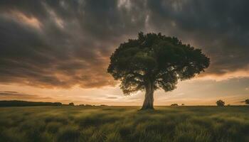 ai gerado uma solitário árvore carrinhos dentro uma campo durante uma dramático pôr do sol foto