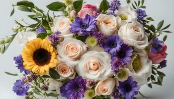 ai gerado uma ramalhete do flores com girassóis e roxa flores foto