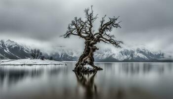 ai gerado uma solitário árvore dentro a meio do uma lago foto