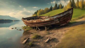 ai gerado uma barco é sentado em a costa do uma lago foto