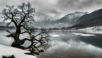 ai gerado uma solitário árvore dentro a neve perto uma lago foto