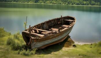 ai gerado uma barco é sentado em a costa do uma lago foto