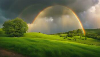 ai gerado uma arco Iris é visto sobre uma verde campo com árvores foto