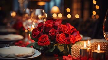 ai gerado uma vermelho rosas ramalhete em a mesa do chique restaurante, dia dos namorados dia jantar conceito, celebração do amor foto