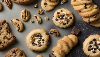 ai gerado chocolate lasca biscoitos, nozes e chocolate salgadinhos foto