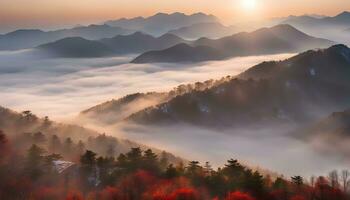 ai gerado uma lindo nascer do sol sobre a montanhas com névoa e árvores foto