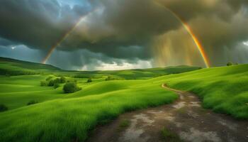 ai gerado uma arco Iris é visto sobre uma verde campo com uma sujeira caminho foto