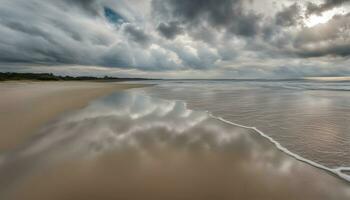 ai gerado uma de praia com ondas e nuvens refletido dentro a água foto