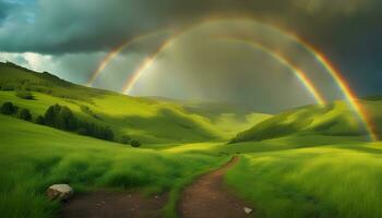 ai gerado uma arco Iris é visto sobre uma verde campo foto