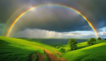 ai gerado arco Iris sobre verde colinas com árvores e Relva foto