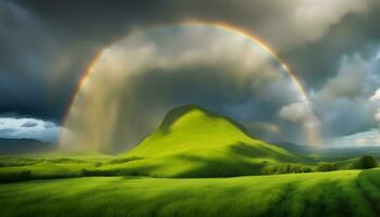 ai gerado arco Iris sobre verde colinas e montanhas foto