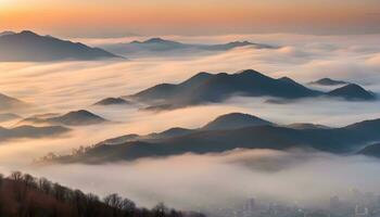 ai gerado uma Visão do a montanhas e névoa dentro a manhã foto