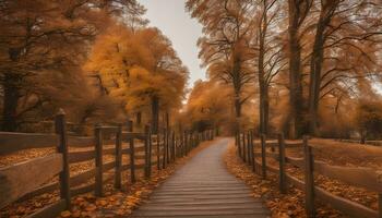 ai gerado uma de madeira caminho conduz para uma árvore coberto dentro outono folhas foto