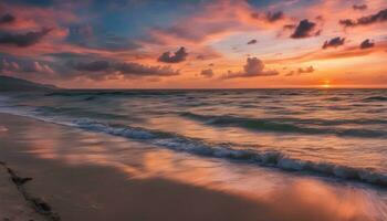 ai gerado uma lindo pôr do sol sobre a oceano com ondas foto