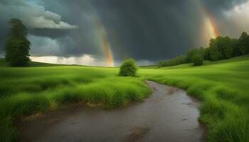 ai gerado uma arco Iris sobre uma campo com uma corrente e árvores foto