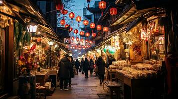 ai gerado título. vibrante japonês noite mercado. colorida zumbido do iluminado por lanterna becos, foto