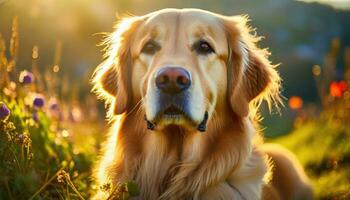 ai gerado lindo dourado retriever sentado em uma brilhante flor Prado foto