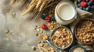 ai gerado saudável café da manhã com cereal, leite, e bagas em uma rústico mesa foto
