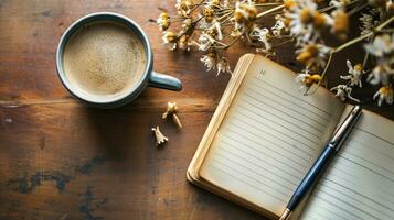 ai gerado café caneca ao lado uma caderno e murcha flores em madeira foto