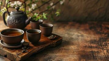 ai gerado tradicional chá cerimônia conjunto em uma rústico de madeira mesa foto