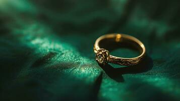 ai gerado dourado noivado anel em uma seda tecido foto