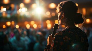 ai gerado mulher dando uma discurso às uma lotado evento foto