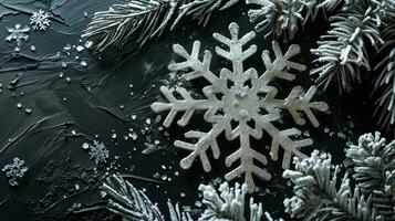 ai gerado espumante prata floco de neve decoração em uma Sombrio fundo foto