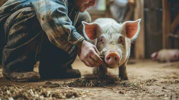 ai gerado agricultor alimentando uma leitão dentro uma celeiro foto