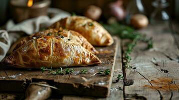 ai gerado dourado cornish pastelaria em rústico madeira foto