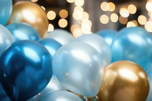 ai gerado festa balões fundo , dourado e azul balões fundo com confete e bokeh fundos ai gerado foto